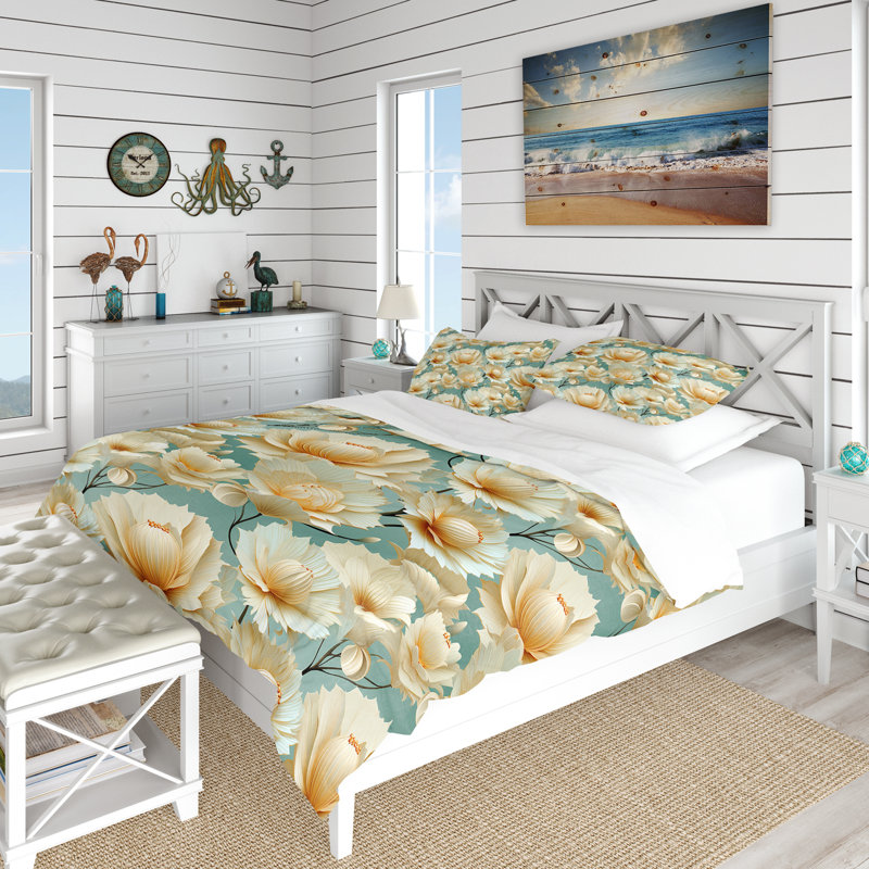 Seashell Harmony Tropical Pattern Floral Duvet Cover, King Duvet Cover + 2 King Shams