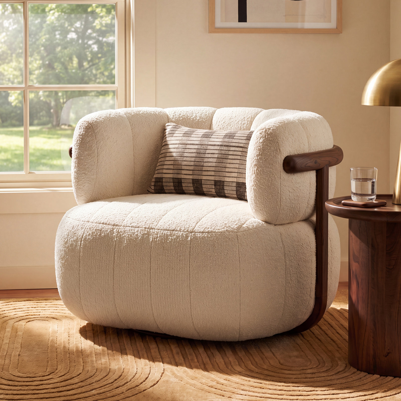 Gian Oak Genuine Leather Swivel Barrel Chair, Altro Snow Polyester Blend