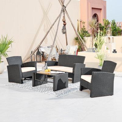 Ensemble de conversation en osier / rotin pour 4 personnes avec coussins Aanand