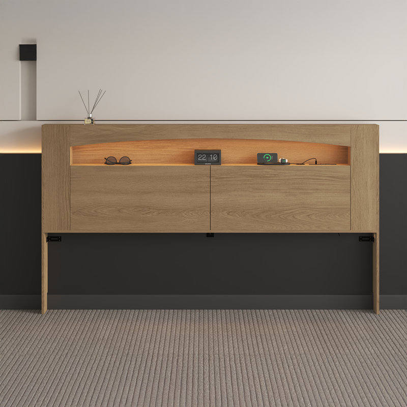 King Headboard, Storage, RGB LED Lighting, USB & AC Charging Station, Recessed Baseboard – Modern Wood Bedroom Furniture