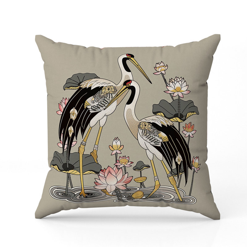 Coussin Crane and Lotus, H 20 po x l 20 po, Vert / Jaune