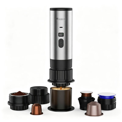 Machine à espresso électrique portative RAINBEAN, cafetière de voyage 2-en-1 pour capsules moulues / NS & DG, machine à espresso auto chauffante pour camping, véhicule récréatif, randonnée, bureau