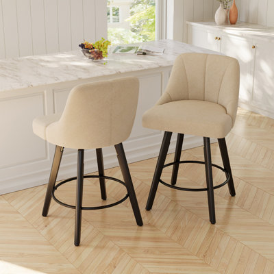 Swivel Bar Stools Set Of 2, Counter Height Bar Stools With Back, Linen Fabric Upholstered Kitchen Island Stools, 360° Swivel, Rubberwood Legs, Thick Cushion Seat, For Dining Room Beige