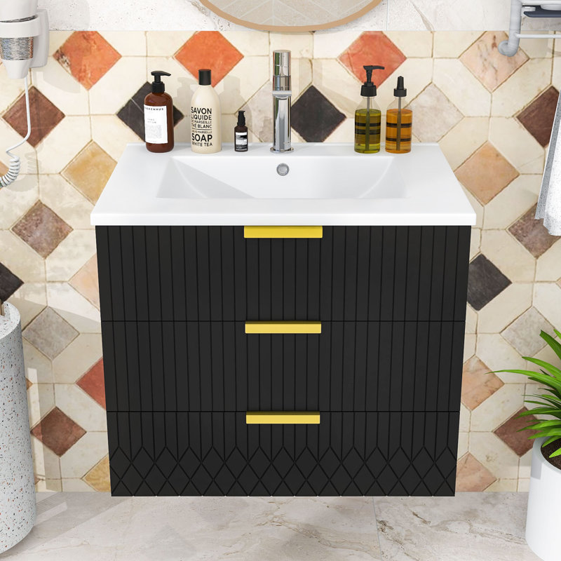 Armoire murale flottante avec 2 tiroirs, Noir
