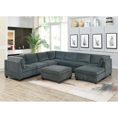 Living Room Furniture Grey Chenille Modular Sectional 9Pc Set Large Family U- Sectional Modern Couch 3X Corner Wedge 4X Armless Chairs And 2X Ottoman Plywood
