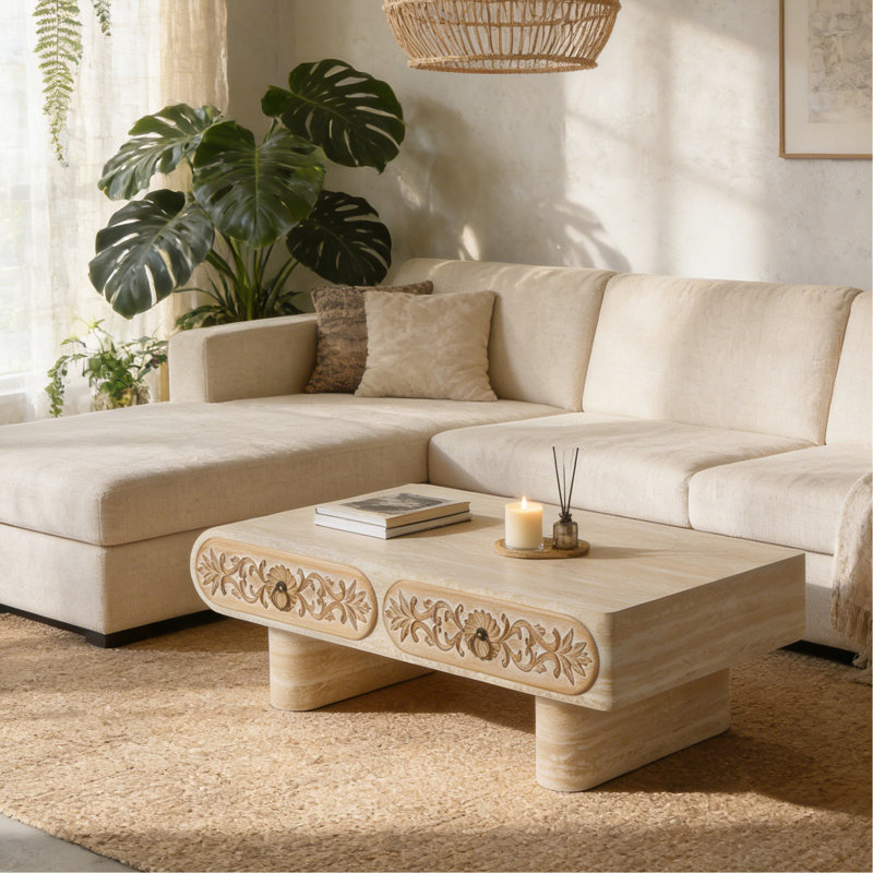 Table basse à bord arrondi avec tiroir en bois massif à motif floral, convient aux petits espaces, finition aux tons chauds, matériau caché de 39,4 po de longueur, beige et jaune, appartements idéaux