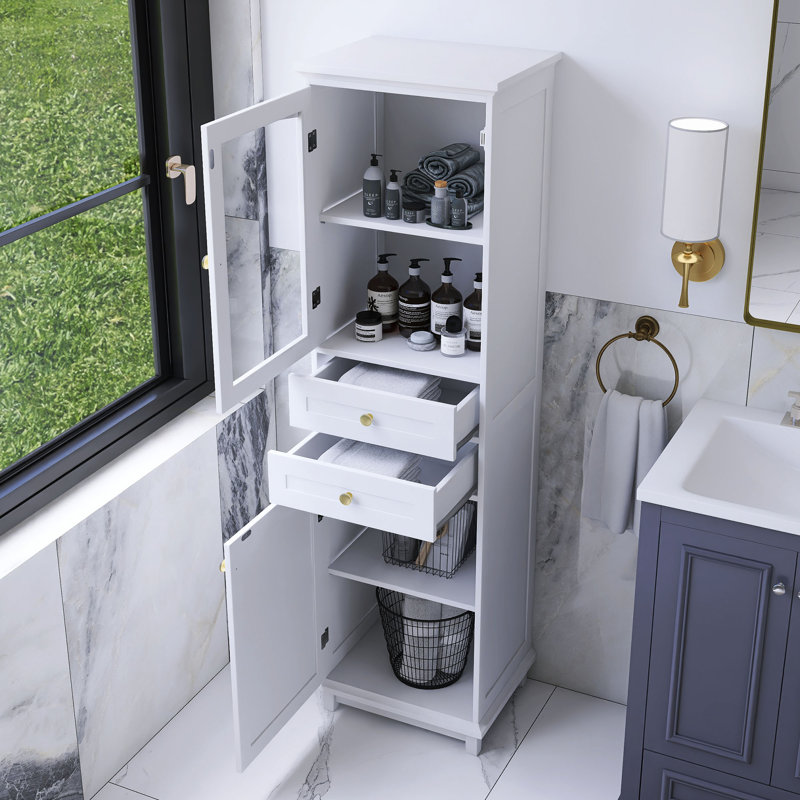 63" Bathroom Storage Cabinet With Glass Doors, White