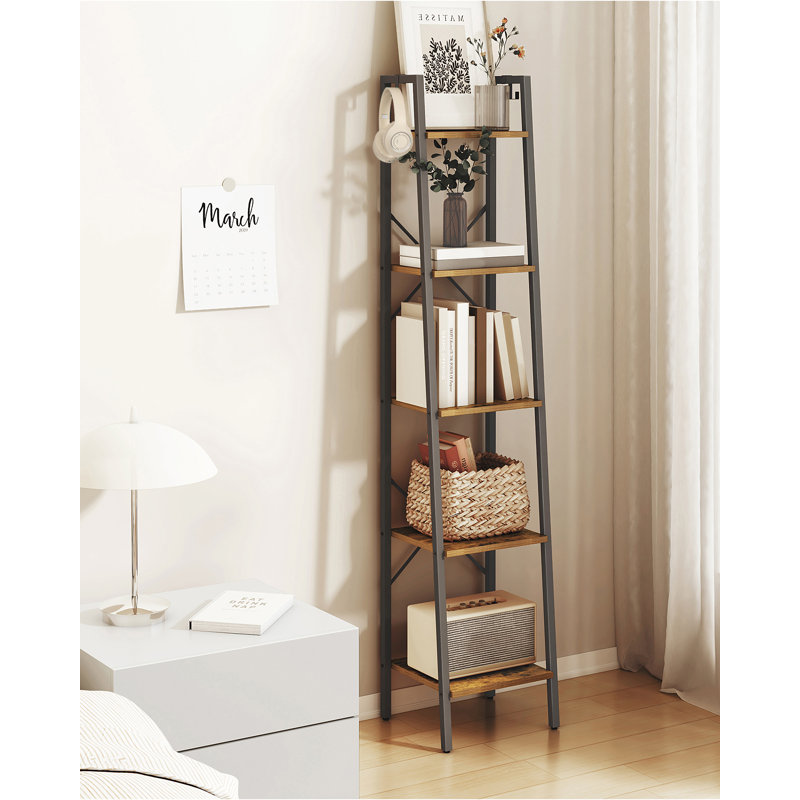 Ladder Shelf, Bookshelf Bookcase, Freestanding Corner Storage Shelve with 2 Hooks for Home Office, Living Room, Kitchen, Bedroom, Industrial, 11.8" D x 13.4" W x 63" H, Rustic Brown