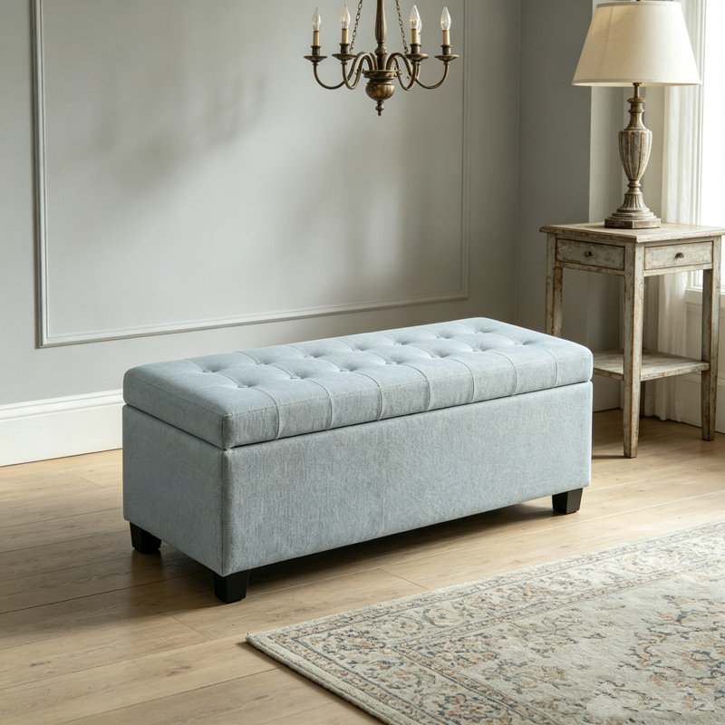 Banc de rangement avec repose-pieds Freya, Bleu pastel, polyester