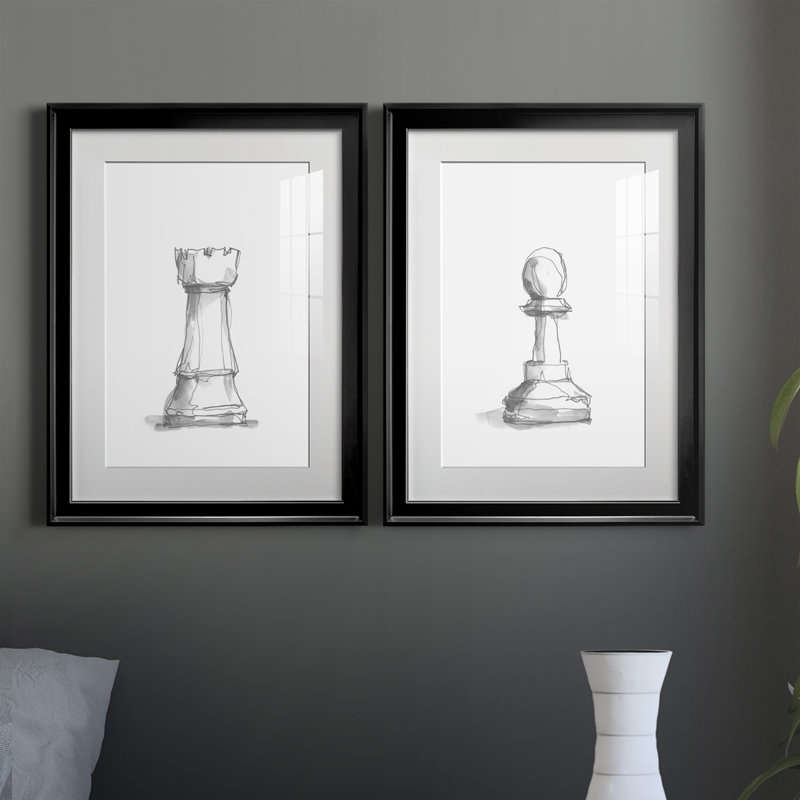 Chess Piece Study V - Matted and Framed Under Acrylic Glass, Set of 2, Large Living Room Wall Art, Black Framed