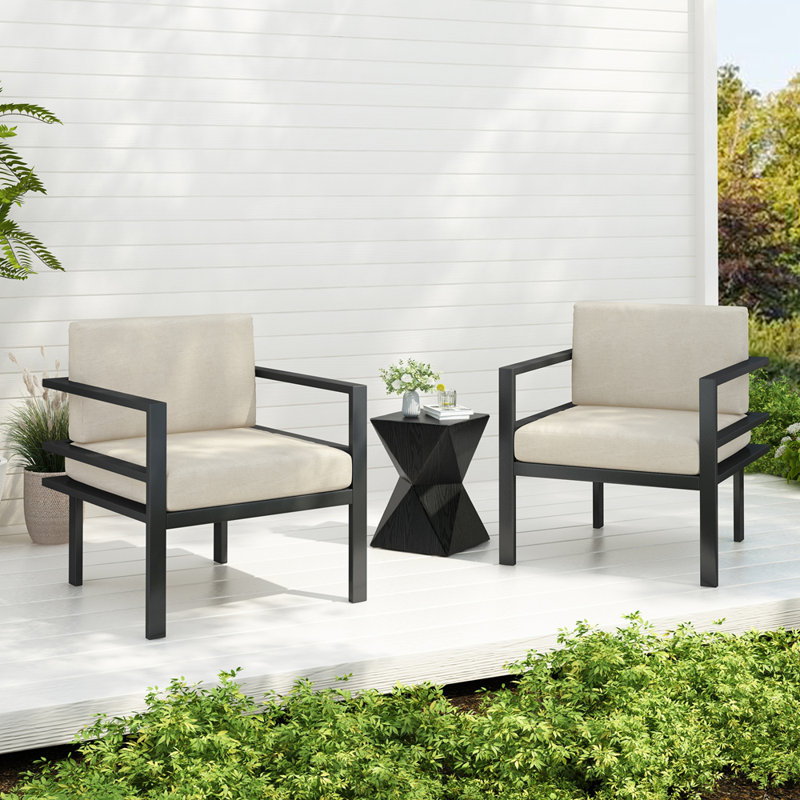 Ensemble de 3 chaises d'extérieur modernes avec structure en aluminium, coussins résistants aux intempéries, design épuré et table d'appoint, parfaites pour la terrasse, le jardin ou le balcon