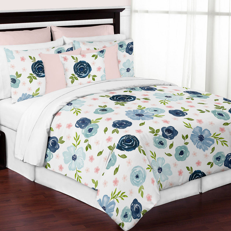 Full Blue Microfiber Floral Comforter Set for Girls