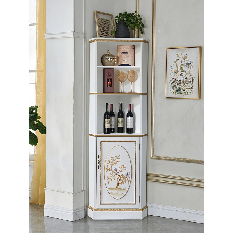 Armoire à vin de coin peinte à la main avec tablettes ouvertes