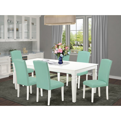 7 Piece Modern Dining Table Set Consist of a Rectangle Wooden Table with Butterfly Leaf and 6 Pond Faux Leather Parson Dining Chairs, 42x84 Inch, Linen White