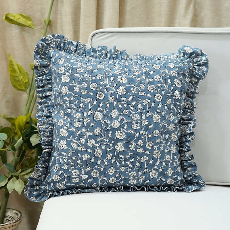 Housse de coussin à motif de volutes Fabcline Home Decor, coton, bleu, himachal, H 16 po x l 16 po, Carré