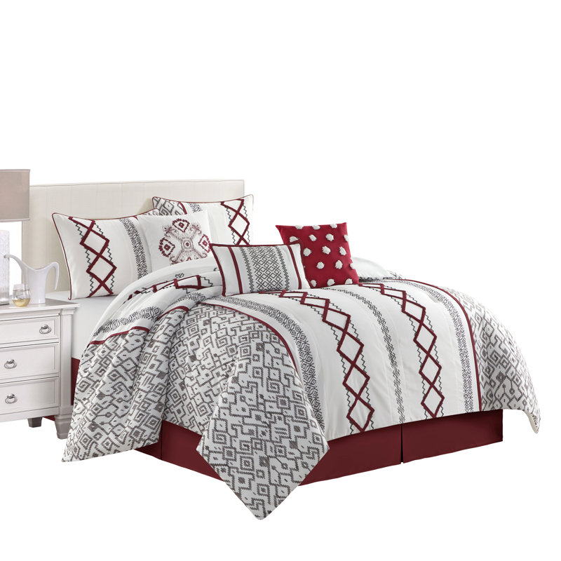 California King White and Red Geometric Microfiber Comforter Set
