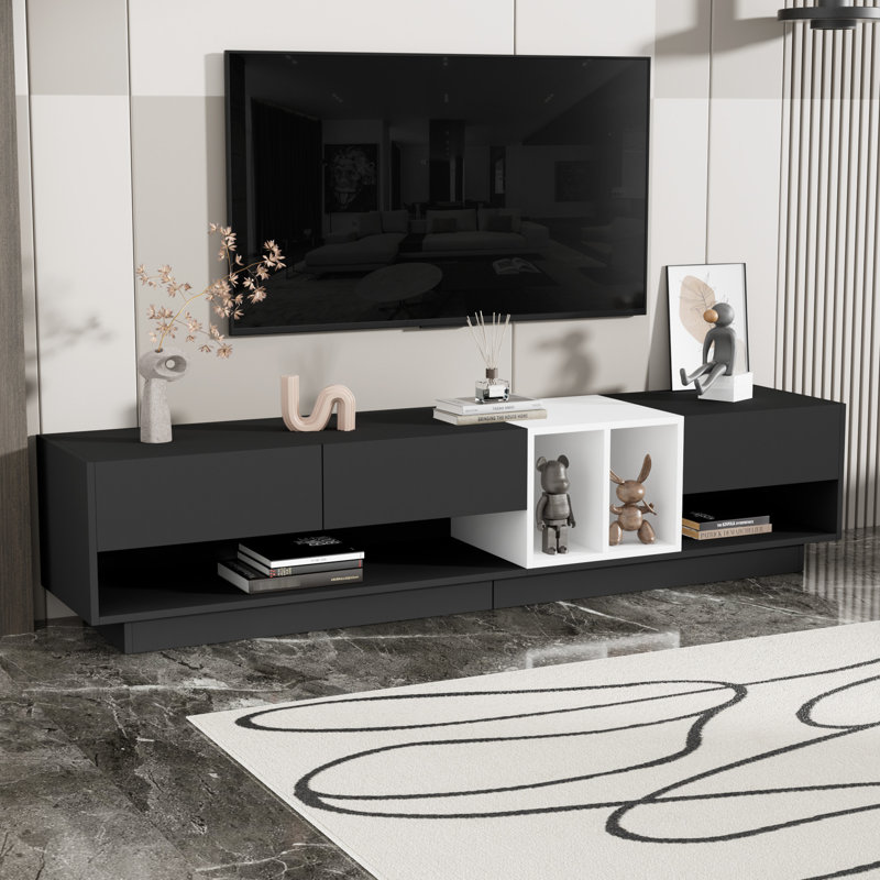 Sleek Tv Console With Hidden Compartments: For 80" Tvs, Black Finish Stylish Media Compartment For Privacy: Fits Up To, Black