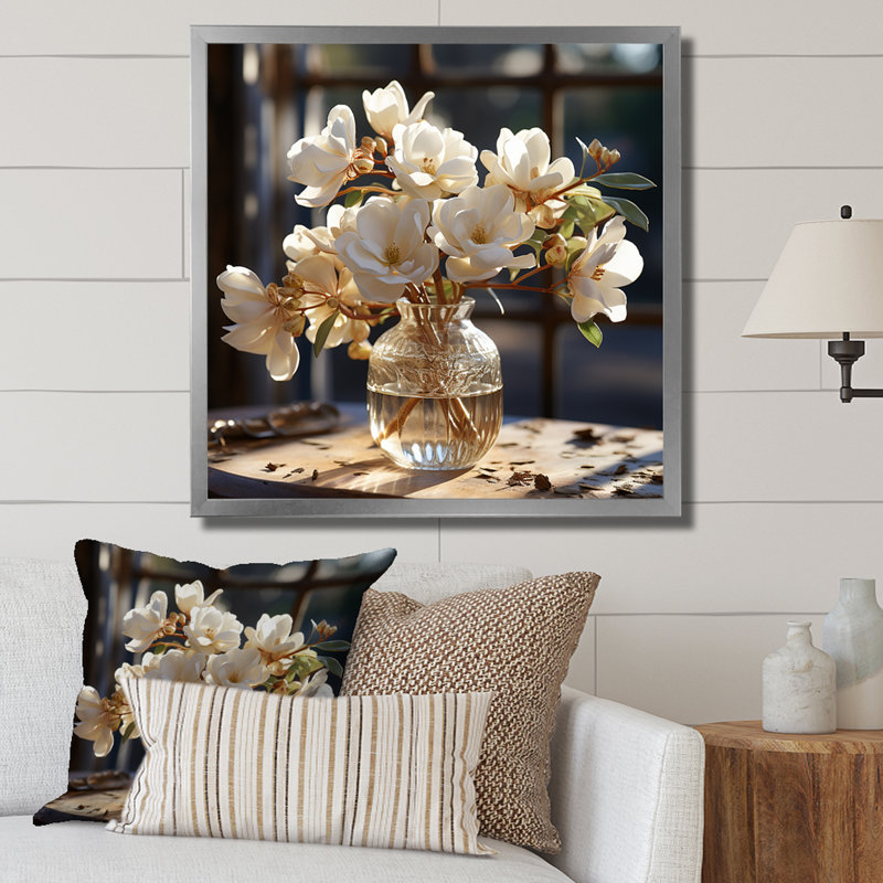 " Baroque Hydrangea White And Gold ", Silver Single Picture Framed, 30" H x 30" W x 1" D