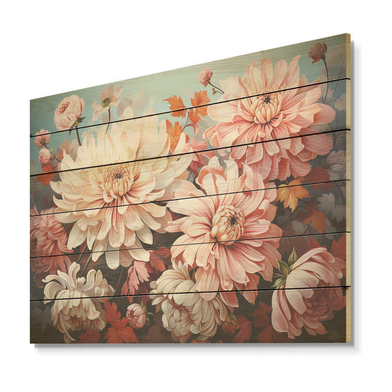 Chrysanthèmes rose et blanc - collage, art mural en bois de chênes, H 10 po x l 20 po