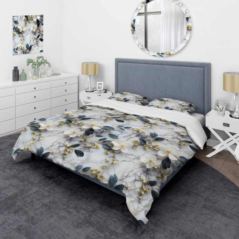 Literie de palette de fleurs botaniques en marbre blanc, Housse de couette simple + 1 taie décorative stan