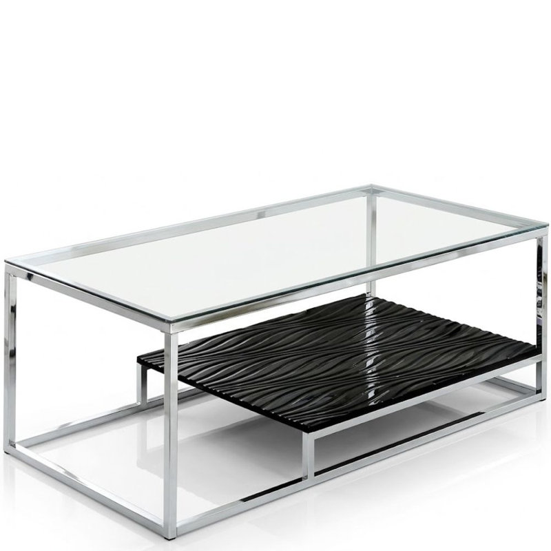 Odilia Table basse rectangulaire en verre noir / chrome avec tablette inférieure ondulée