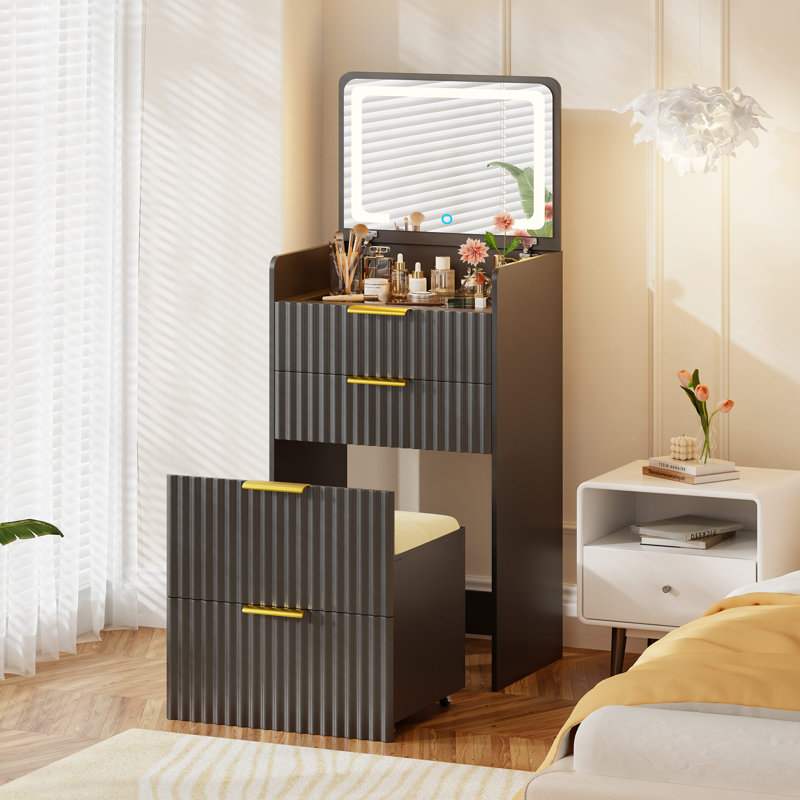 Compact Vanity Desk With Flip-up Led Mirror, Glass Drawer, And Hidden Stool Storage, Black