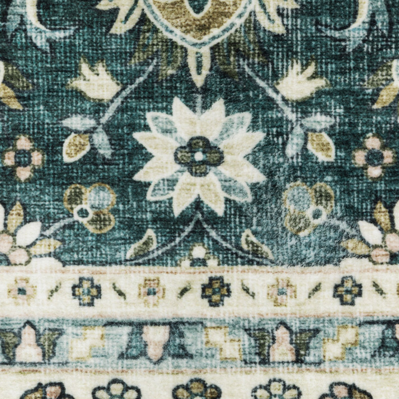 Jadalynn Vintage Bordered Traditional Teal/ Ivory Washable Area Rug Mat, Runner 2' x 8'