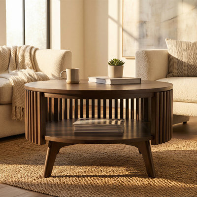 George Oliver Klever Round Coffee Table with Storage Mid Century Modern Wood Table with Acacia Veneer and Dark Finish