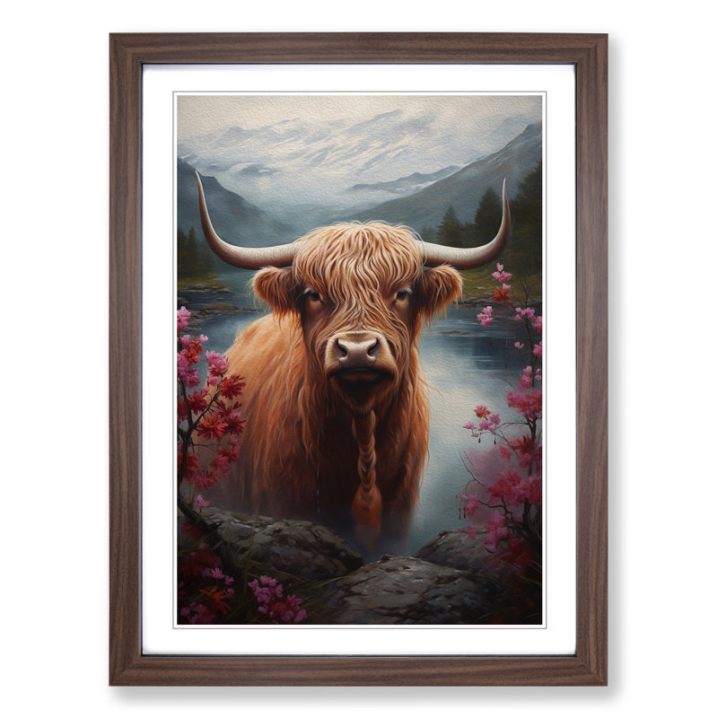 Highland Cow Renaissance - Single Picture Frame Print on Wood, Walnut, 64cm H x 46cm W x 2cm D