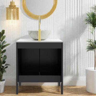Meuble-lavabo durable avec rangement, céramique et pierre frittée, salle de bain de style moderne