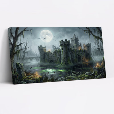 «Dark Castle Ruins Under Full Moon In Misty Swamp Halloween», art mural sur toile