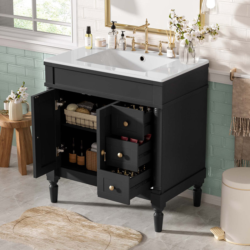 30" Single Bathroom Vanity With Ceramic Top, Black, Gold