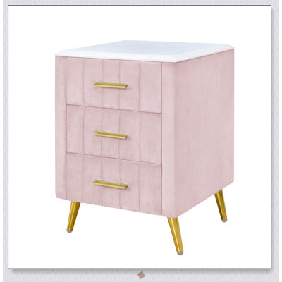 Durable Upholstered Wooden Nightstand with 3 Drawers, Metal Legs, and Marbled Top for Elegant and Versatile Home Decor