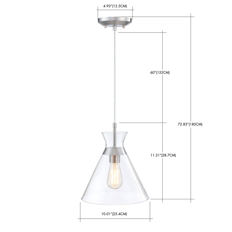 Mini-luminaire suspendu 1 lumière en nickel brossé 73 po avec abat-jour en verre transparent, Nickel brossé