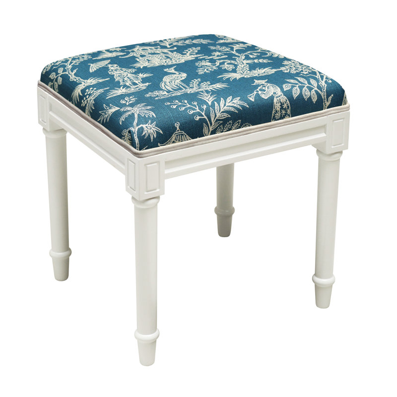 Tabouret de coiffeuse en lin Camillia Jade, Blanc cassé, Bleu marine