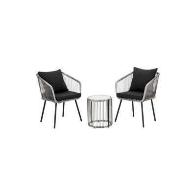 Ensemble bistro extérieur 3 pièces, ensemble de conversation en rotin tressé à la main avec chaises rembourrées et table basse en verre pour balcon, jardin ou terrasse.