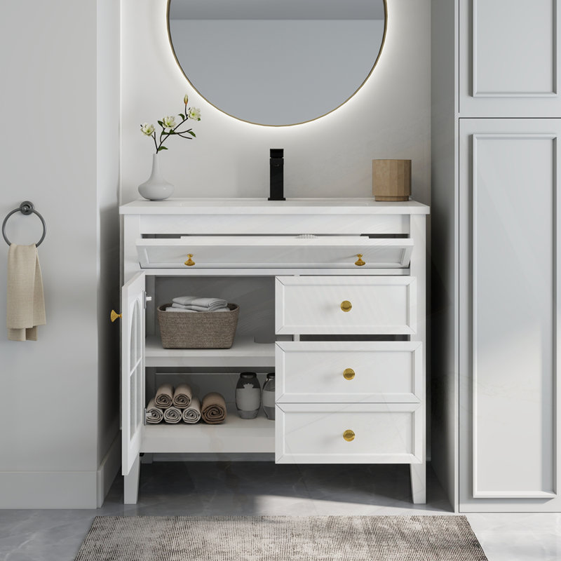 35.6" Mid-Century Bathroom Vanity Sink, White
