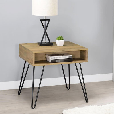 Table de bout rustique en chêne doré et noir avec rangement industriel en papier