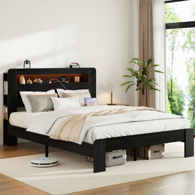 Cadre de lit grand, cadre de lit plateforme en bois avec tête de lit à DEL avec rangement et 2 USB, grand espace de rangement sous le lit