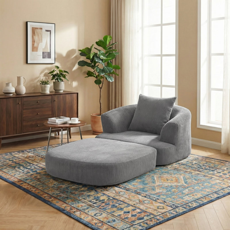 Oversized Upholstered Convertible Accent Barrel Chair, Gray Corduroy