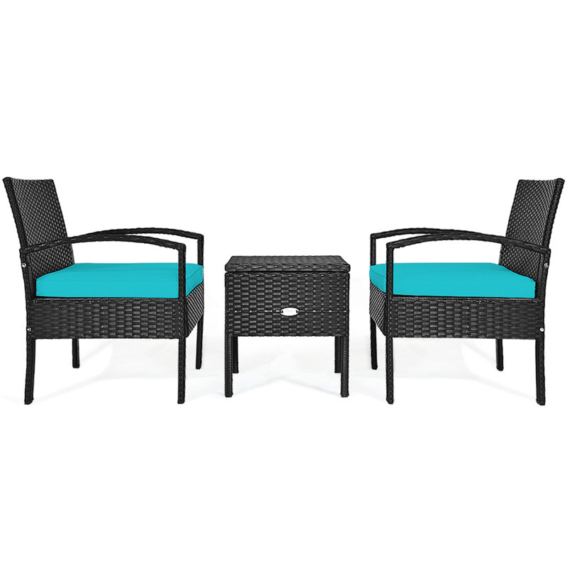 Ensemble de conversation en rotin de trois articles avec coussins, Turquoise, Noir, noir, noir, noir