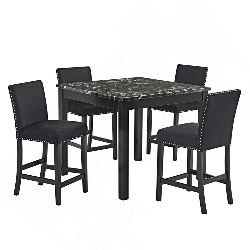 Ensemble de salle à manger à hauteur de comptoir 5 pièces, table carrée en faux marbre avec 4 chaises capitonnées