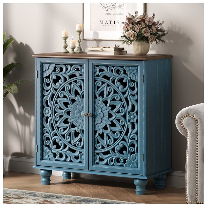 Armoire de rangement avec portes, armoire d'appoint avec plateau en noyer et pieds en bois massif, buffet vieilli avec tablette réglable pour la cuisine, le vestibule, le salon, la chambre à coucher, bleu