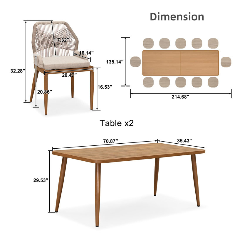 Corrigan Studio® 14 Pieces Dining Set Patio Metal Rectangular Table And Wicker Rattan Chairs For Outside Porch Garden Kitchen Modern Outdoor Furniture Sets