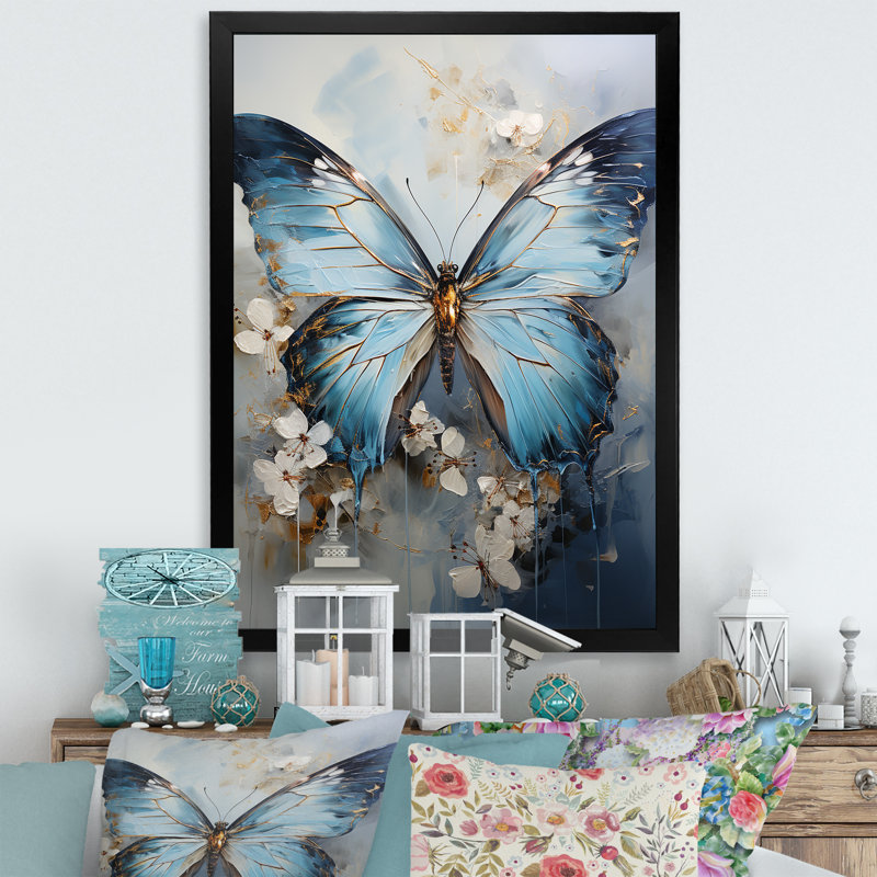 «Butterfly Ethereal Blues Form Abstract Elegance», reproduction sur toile, Cadre photo blanc, H 32 po x l 16 po