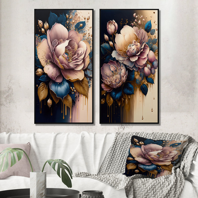 «Decadent Pink and Blue Roses», 2 pièces sur toile, Cadre noir, H 40 po x l 40 po