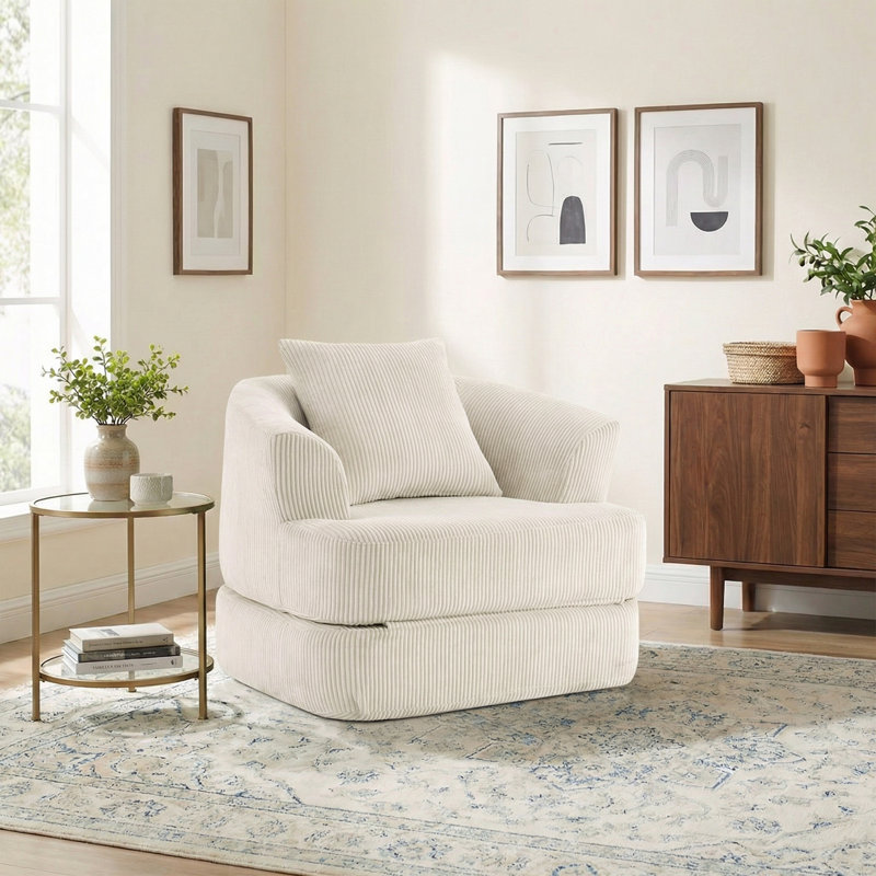 Fauteuil demi-tonneau d'appoint convertible surdimensionné rembourré, Velours côtelé beige
