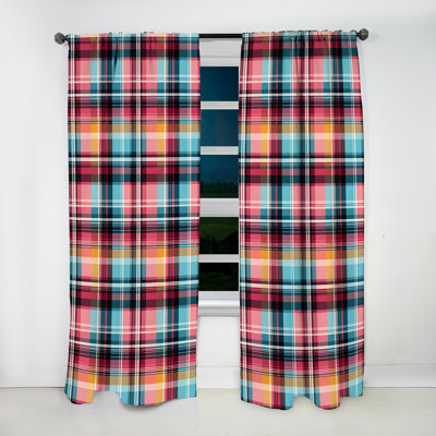 Bohemian Pink And Blue Plaid Pattern - Vintage Curtain - Velvet Room Darkening - 1 Panel