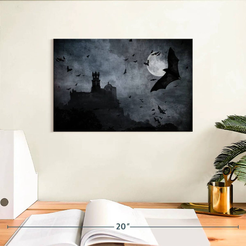 Château entouré de chauves-souris, H 8 po x l 12 po