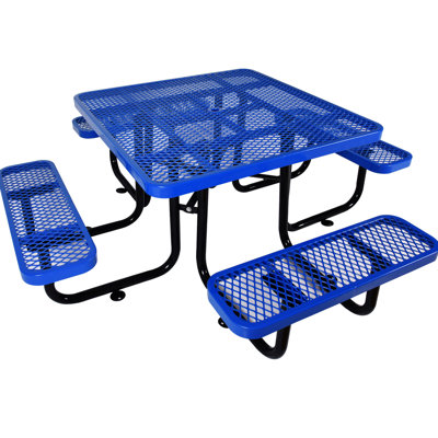Blue 46" Square Outdoor Picnic Table With Steel Structure And Umbrella Pole - Perfect For Parties Metal Enabled Bewitching Picnics